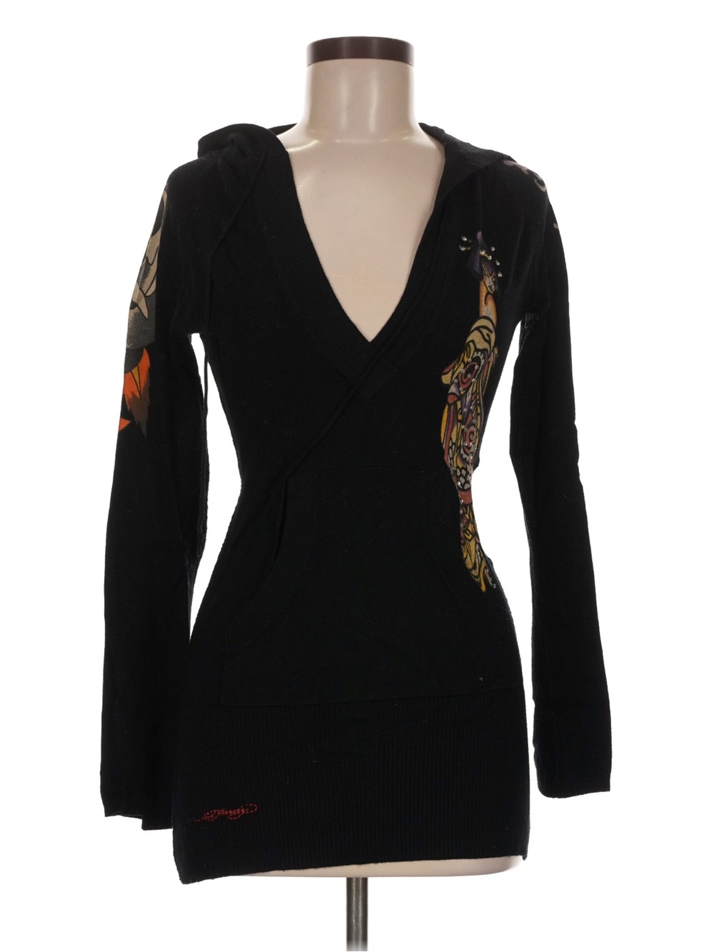 Vintage Y2K Ed Hardy 2000s Geisha Bling V Neck Pullover Hooded Sweater